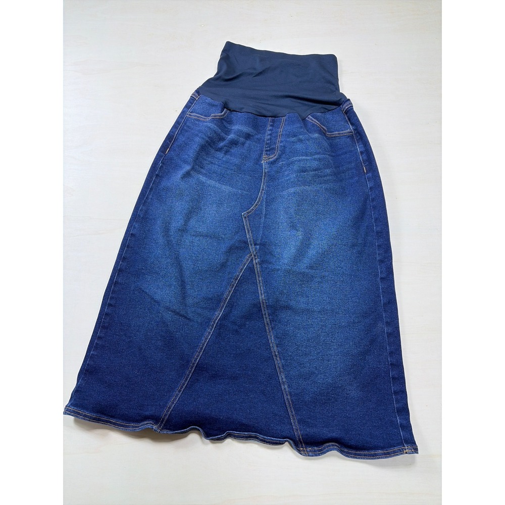 Savi Parker New York Maternity Denim Maxi Skirt Dark Wash Full Belly Panel SizeM